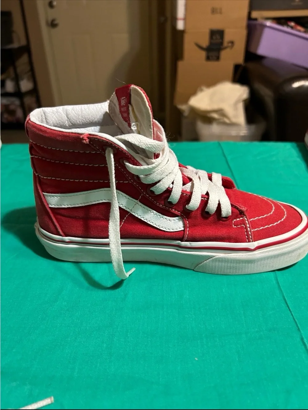 Vans Kids Red and White High Top Skate Sneakers